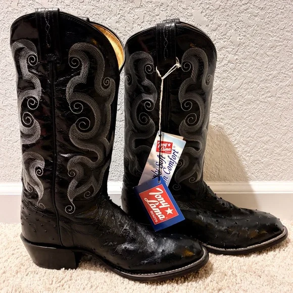 Tony Lama Black Western Boots full quill ostrich leather - Picture 1 of 5